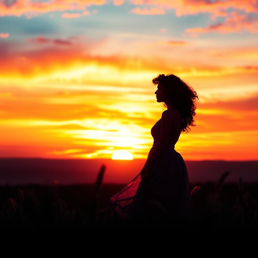 A captivating book cover featuring a beautiful woman with curly hair standing in silhouette against a stunning sunset