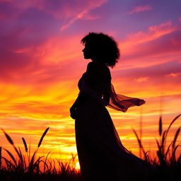 A captivating book cover featuring a beautiful woman with curly hair standing in silhouette against a stunning sunset