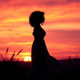 A captivating book cover featuring a beautiful woman with curly hair standing in silhouette against a stunning sunset