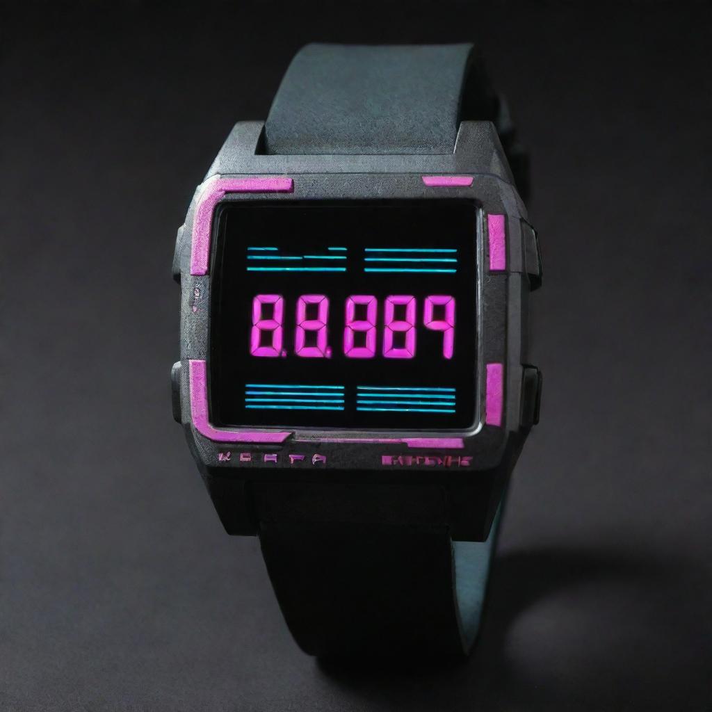 A rugged, retro-style digital watch from the 80s steeped in cyberpunk aesthetic with synthwave color schemes and visuals.