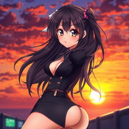 A stunning and alluring anime girl with long, flowing hair, dressed in a stylish, form-fitting outfit that accentuates her curves