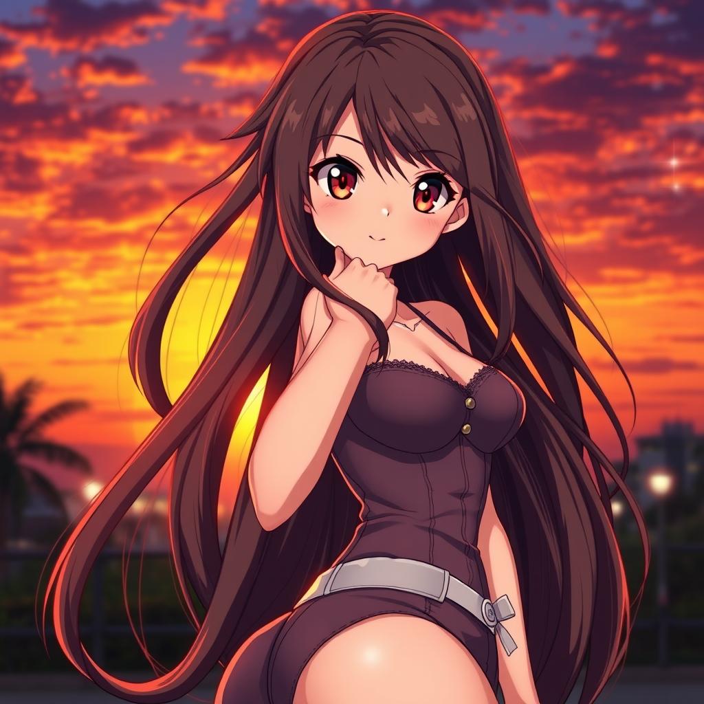 A stunning and alluring anime girl with long, flowing hair, dressed in a stylish, form-fitting outfit that accentuates her curves