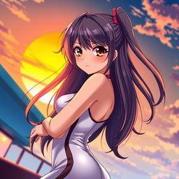 A stunning and alluring anime girl with long, flowing hair, dressed in a stylish, form-fitting outfit that accentuates her curves