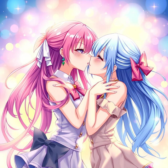 A pair of beautiful anime girls kissing each other passionately