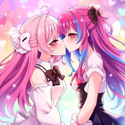 A pair of beautiful anime girls kissing each other passionately