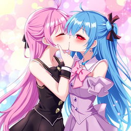 A pair of beautiful anime girls kissing each other passionately