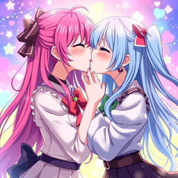 A pair of beautiful anime girls kissing each other passionately