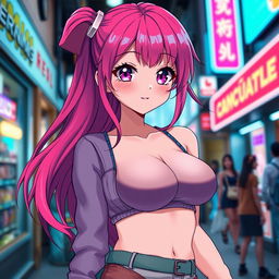 A captivating anime girl with large breasts, styled in a vibrant and colorful outfit that accentuates her curves