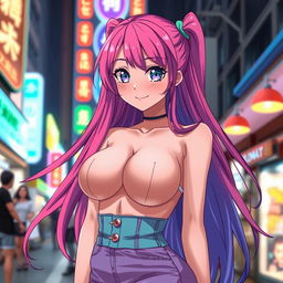 A captivating anime girl with large breasts, styled in a vibrant and colorful outfit that accentuates her curves