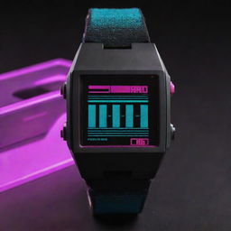 A rugged, retro-style digital watch from the 80s steeped in cyberpunk aesthetic with synthwave color schemes and visuals.