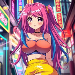 A captivating anime girl with large breasts, styled in a vibrant and colorful outfit that accentuates her curves