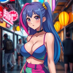 A captivating anime girl with large breasts, styled in a vibrant and colorful outfit that accentuates her curves