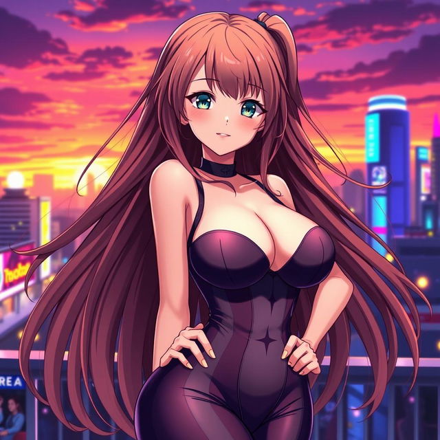 A beautiful anime girl with long flowing hair, large breasts, and voluptuous curves