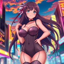 A beautiful anime girl with long flowing hair, large breasts, and voluptuous curves