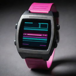 A rugged, retro-style digital watch from the 80s steeped in cyberpunk aesthetic with synthwave color schemes and visuals.