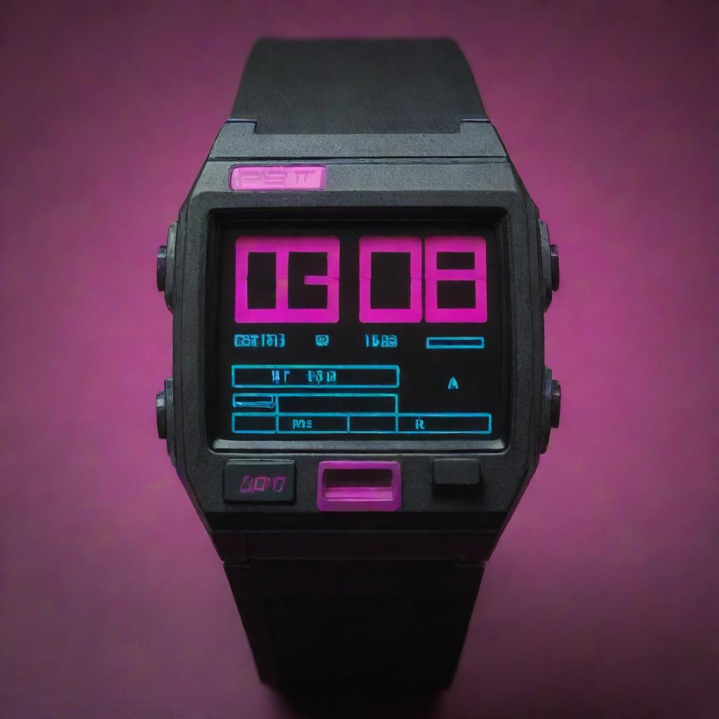 A rugged, retro-style digital watch from the 80s steeped in cyberpunk aesthetic with synthwave color schemes and visuals.