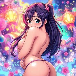 A vivid and alluring illustration of a sexy anime girl with voluptuous features, including large breasts and a curvy, prominent backside, posed in a way that emphasizes her figure