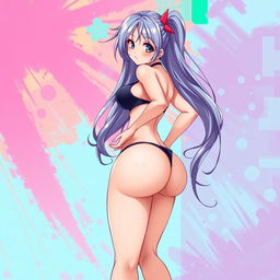 A sexy anime girl with an exaggerated curvy figure, featuring large breasts and a big backside, depicted in a vibrant and colorful anime art style