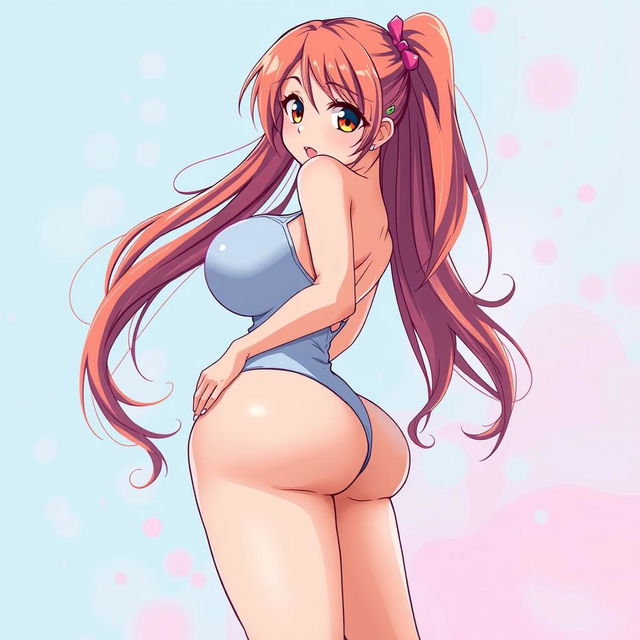 A sexy anime girl with an exaggerated curvy figure, featuring large breasts and a big backside, depicted in a vibrant and colorful anime art style