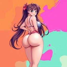 A sexy anime girl with an exaggerated curvy figure, featuring large breasts and a big backside, depicted in a vibrant and colorful anime art style