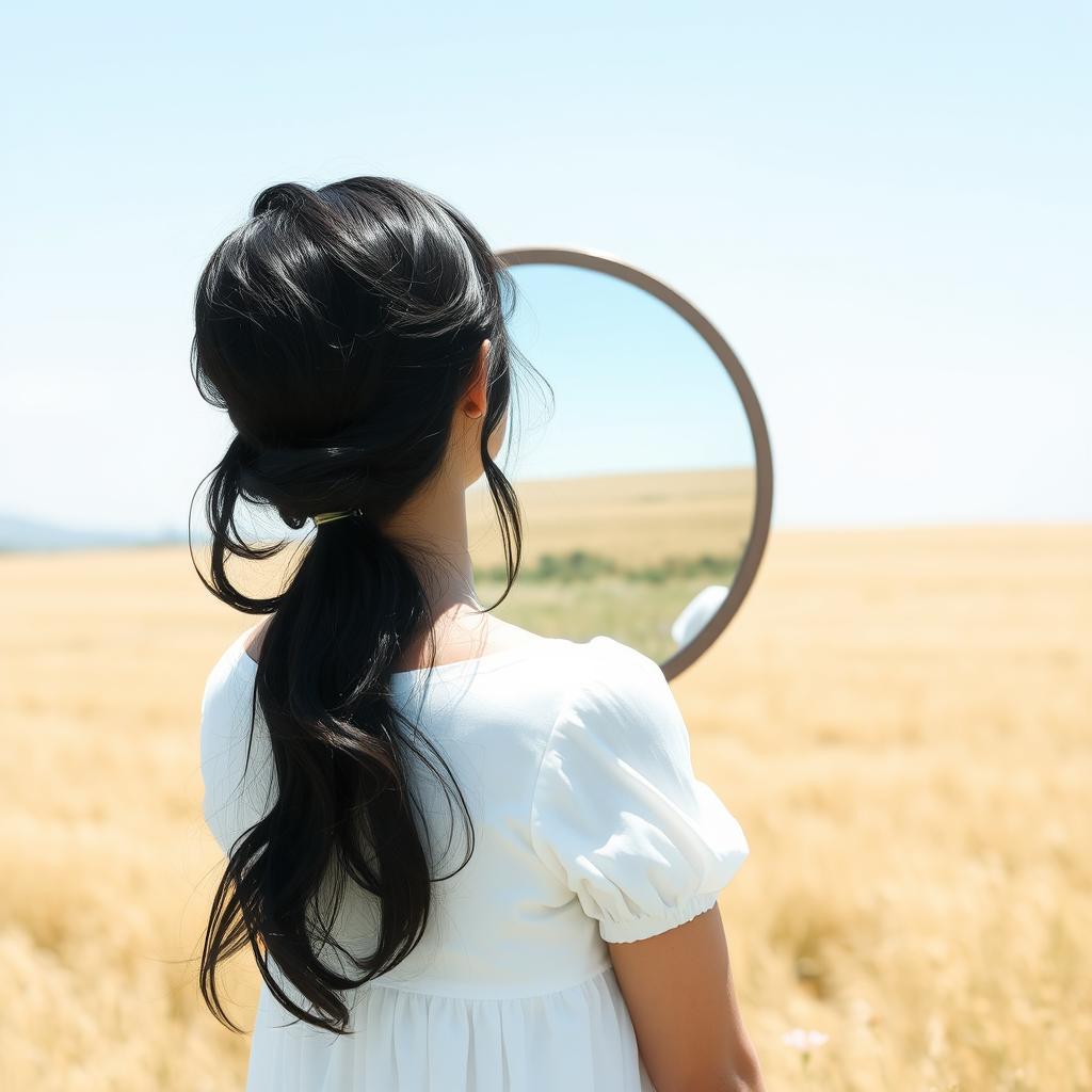 A serene scene featuring a woman with black hair, wearing a flowing white dress, standing in an open field