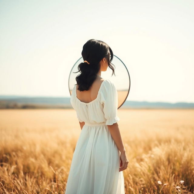 A serene scene featuring a woman with black hair, wearing a flowing white dress, standing in an open field