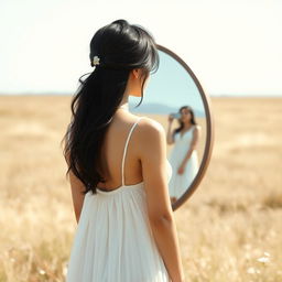 A serene scene featuring a woman with black hair, wearing a flowing white dress, standing in an open field