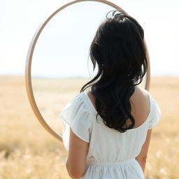 A serene scene featuring a woman with black hair, wearing a flowing white dress, standing in an open field