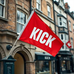 A captivating close-up photograph of a red horizontal flag, featuring the word "KICK" in bold white letters, elegantly displayed at the corner of a historic building in an old English city