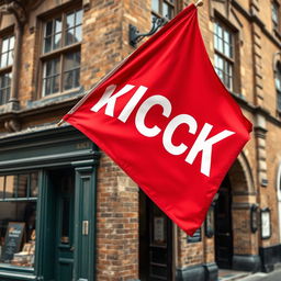 A captivating close-up photograph of a red horizontal flag, featuring the word "KICK" in bold white letters, elegantly displayed at the corner of a historic building in an old English city