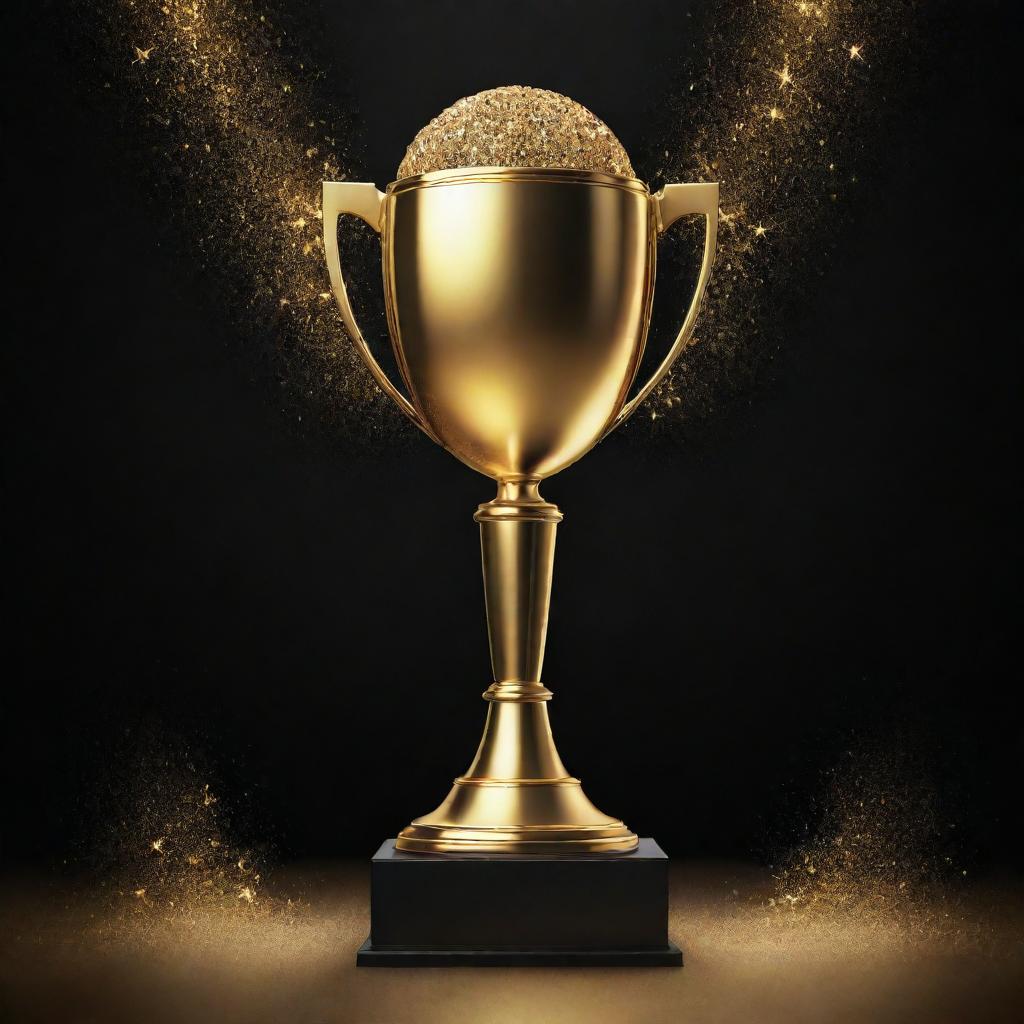 Create an eye-catching teaser poster for an upcoming Sales Awards Night. Incorporate elements of glitz and glamour, golden trophies, spotlight, and vibrant sales data visualizations.