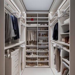 A meticulously organised walk-in closet measuring 3 meters by 1.2 meters, filled with various garments, shoes, and accessories.