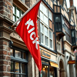 A captivating close-up photograph of a red horizontal flag, featuring the word "KICK" in bold white letters, elegantly displayed at the corner of a historic building in an old English city