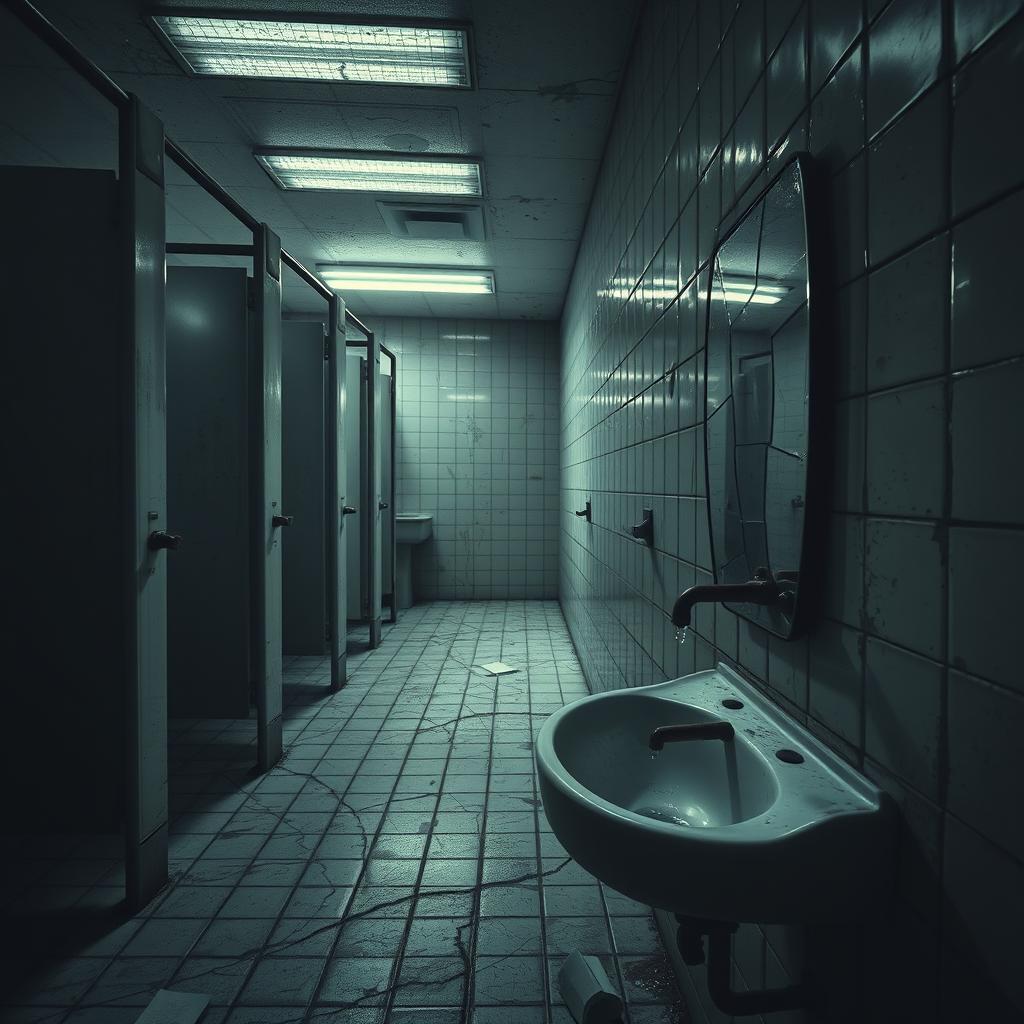 A hyper-realistic depiction of a terrifying Japanese school bathroom