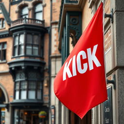 A captivating close-up photograph of a red horizontal flag, featuring the word "KICK" in bold white letters, elegantly displayed at the corner of a historic building in an old English city