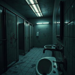 A hyper-realistic depiction of a terrifying Japanese school bathroom