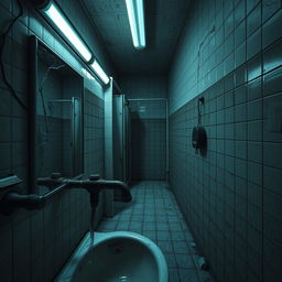 A hyper-realistic depiction of a terrifying Japanese school bathroom