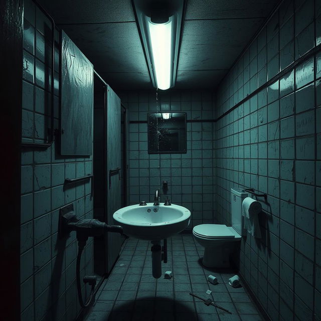 A hyper-realistic depiction of a terrifying Japanese school bathroom