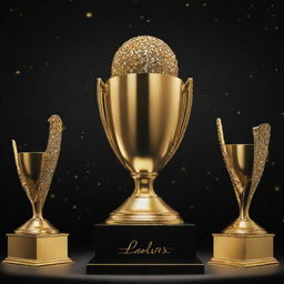 Create an eye-catching teaser poster for an upcoming Sales Awards Night. Incorporate elements of glitz and glamour, golden trophies, spotlight, and vibrant sales data visualizations.