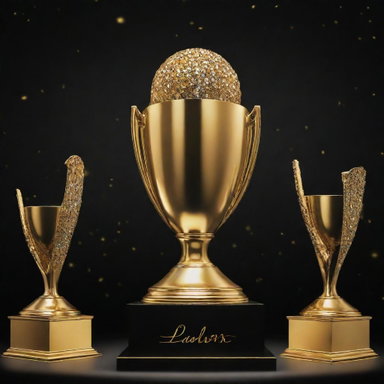 Create an eye-catching teaser poster for an upcoming Sales Awards Night. Incorporate elements of glitz and glamour, golden trophies, spotlight, and vibrant sales data visualizations.