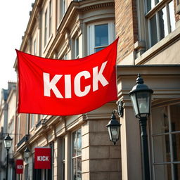 A striking close-up photograph of a red horizontal flag, adorned with bold white letters spelling "KICK," proudly displayed on a flagpole positioned at the upper corner of an old English building