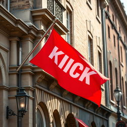 A striking close-up photograph of a red horizontal flag, adorned with bold white letters spelling "KICK," proudly displayed on a flagpole positioned at the upper corner of an old English building