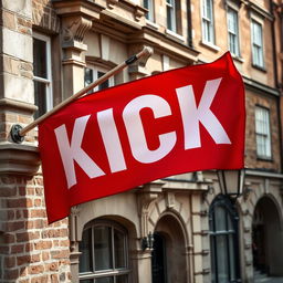 A striking close-up photograph of a red horizontal flag, adorned with bold white letters spelling "KICK," proudly displayed on a flagpole positioned at the upper corner of an old English building