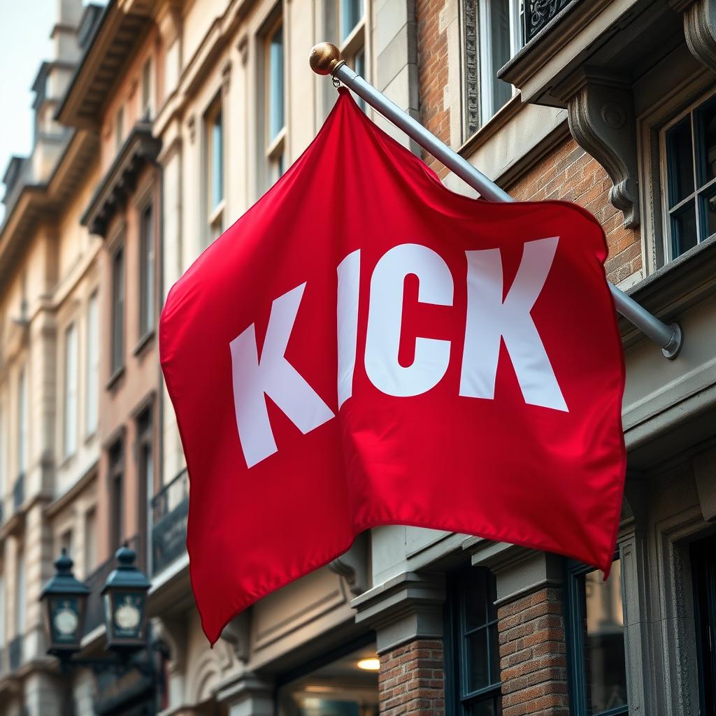 A striking close-up photograph of a red horizontal flag, adorned with bold white letters spelling "KICK," proudly displayed on a flagpole positioned at the upper corner of an old English building