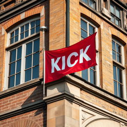 A beautiful close-up photograph showcasing a red horizontal flag proudly displayed on a flagpole at the upper corner of an old English building