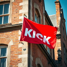 A beautiful close-up photograph showcasing a red horizontal flag proudly displayed on a flagpole at the upper corner of an old English building