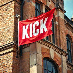 A beautiful close-up photograph showcasing a red horizontal flag proudly displayed on a flagpole at the upper corner of an old English building