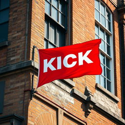 A beautiful close-up photograph showcasing a red horizontal flag proudly displayed on a flagpole at the upper corner of an old English building