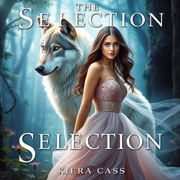 A captivating book cover in the style of 'The Selection' by Kiera Cass, featuring a young woman with sapphire blue eyes elegantly dressed in a flowing gown, standing confidently in the foreground