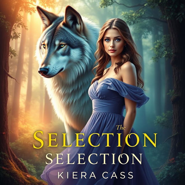 A captivating book cover in the style of 'The Selection' by Kiera Cass, featuring a young woman with sapphire blue eyes elegantly dressed in a flowing gown, standing confidently in the foreground